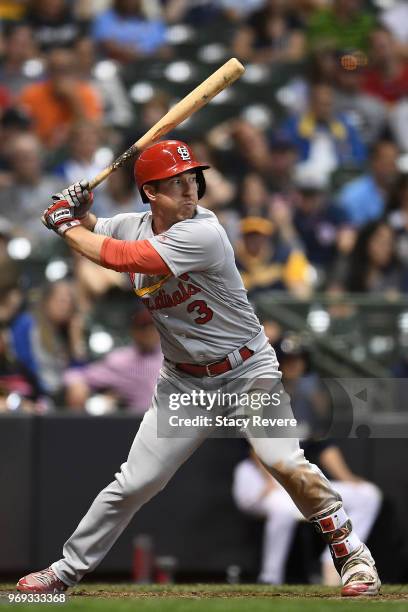 Jedd Gyorko of the St. Louis Cardinals at bat during a game against the Milwaukee Brewers at Miller Park on May 29, 2018 in Milwaukee, Wisconsin. The...