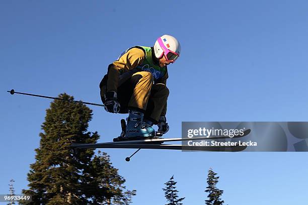 Skier competes in a men's ski cross race on day ten of the Vancouver 2010 Winter Olympics at Cypress Mountain Resort on February 21, 2010 in...