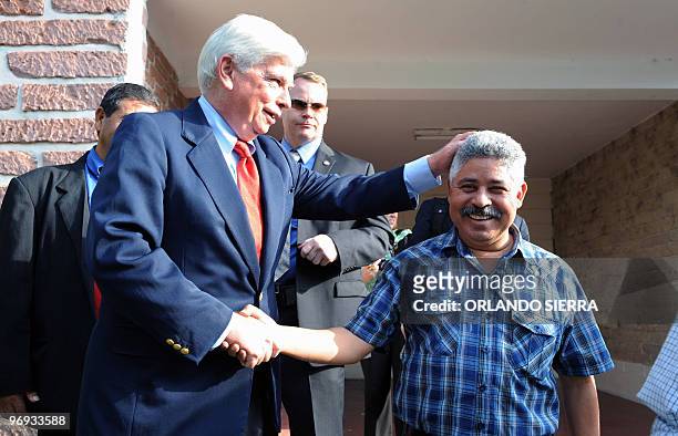 Senator Christopher J. Dood jokes with Honduran Congress' vice-president and member of the National Popular Resistance Front, Marvin Ponce, in...