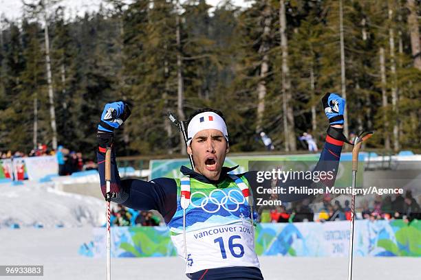 Martin Fourcade of France takes 2nd place during the Men's Biathlon 15km Mass Start on Day 10 of the 2010 Vancouver Winter Olympic Games on February...