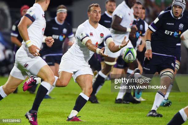 England's Tom Hardwick passes the ball during the Rugby Union World Cup U20 championship match England vs Scotland at the Mediterranean Stadium in...