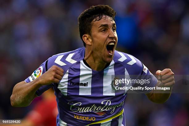 Jaime Mata of Real Valladolid celebrates scoring his team's third goal during the La Liga 123 play off match between Real Valladolid and Real...