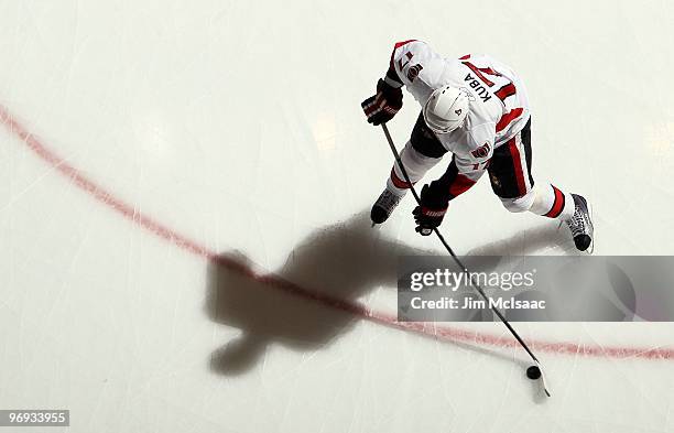 Filip Kuba of the Ottawa Senators warms up before playing against the New York Islanders on February 14, 2010 at Nassau Coliseum in Uniondale, New...