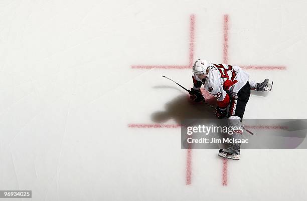 Brian Lee of the Ottawa Senators warms up before playing against the New York Islanders on February 14, 2010 at Nassau Coliseum in Uniondale, New...