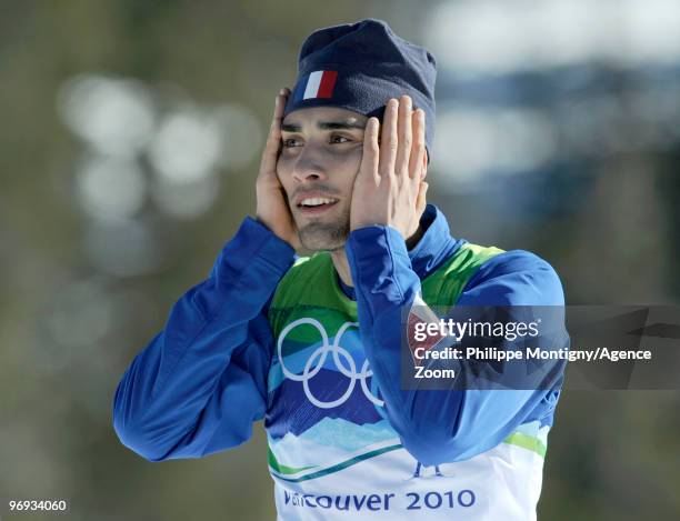 Martin Fourcade of France takes 2nd place during the Men's Biathlon 15km Mass Start on Day 10 of the 2010 Vancouver Winter Olympic Games on February...