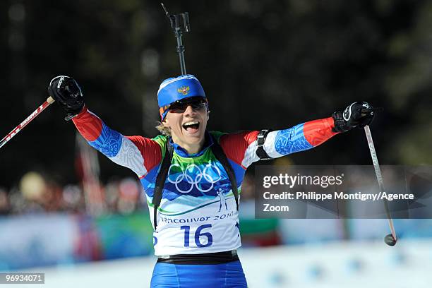 Olga Zaitseva of Russia takes 2nd place during the Women's Biathlon 12.5km Mass Start on Day 10 of the 2010 Vancouver Winter Olympic Games on...