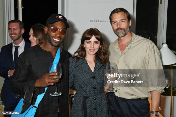 Tinie Tempah, Ophelia Lovibond and Patrick Grant attend the Moet Summer House VIP launch night on June 7, 2018 in London, England.