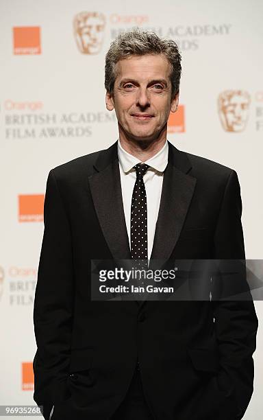 Peter Capaldi poses in the awards room during Orange British Academy Film Awards 2010 at the Royal Opera House on February 21, 2010 in London,...