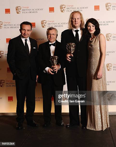 Ray Beckett and Paul NJ Ottosson are seen with Eddie Marsan and Jodie Whittaker after receiving their award for Sound, for the film The Hurt Locker,...