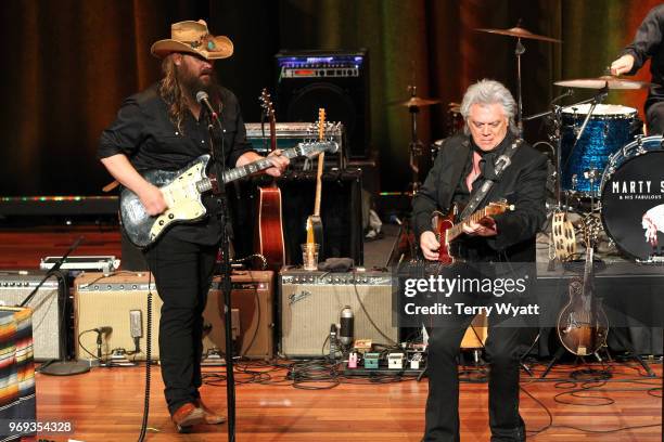 Singer-songwriter Chris Stapleton and Marty Stuart perform during Marty Stuart's 17th Annual Late Night Jam at Ryman Auditorium on June 6, 2018 in...