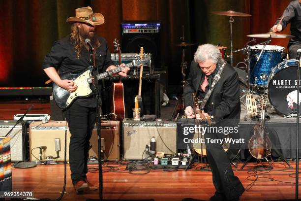 Singer-songwriter Chris Stapleton and Marty Stuart perform during Marty Stuart's 17th Annual Late Night Jam at Ryman Auditorium on June 6, 2018 in...