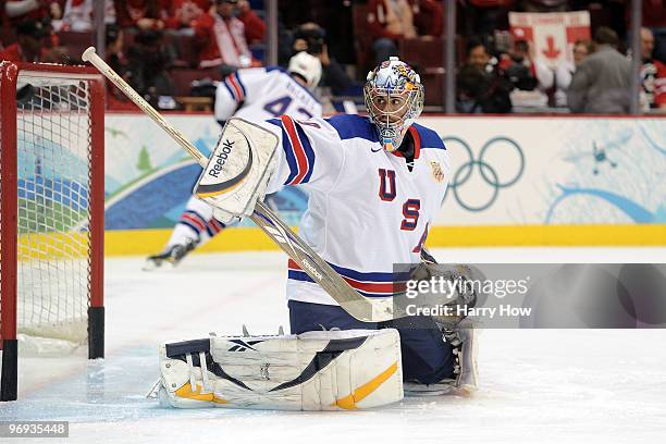 Goalie Ryan Miller of the United States warms up prior to the ice hockey men's preliminary game between Canada and USA on day 10 of the Vancouver...
