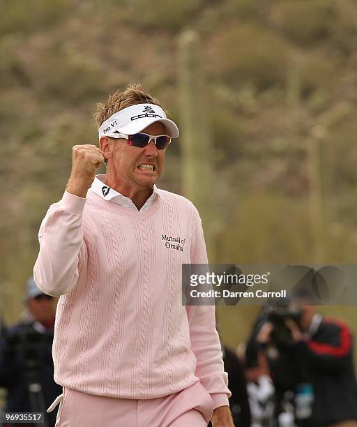 Ian Poulter of England celebrates on the 16th hole after winning the final round of the Accenture Match Play Championship at the Ritz-Carlton Golf...