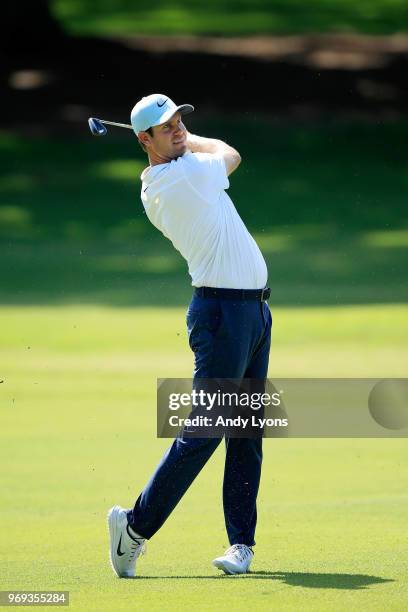 Harris English of the United States plays his second shot on the tenth hole during the first round of the FedEx St. Jude Classic at TPC Southwind on...