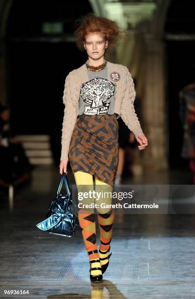 Model walks down the catwalk during the Vivienne Westwood Red Label fashion show during London Fashion Week on February 21, 2010 in London, England.