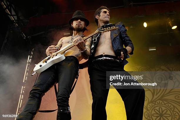 Perry Farrell and Dave Navarro of Jane's Addiction performs on stage at the Sydney leg of the Soundwave Festival at Eastern Creek Raceway on February...