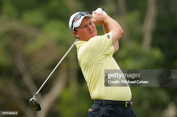 Joe Durant watches his drive on the fifth hole during the final round of the Mayakoba Golf Classic at El Camaleon Golf Club held on February 21, 2010...