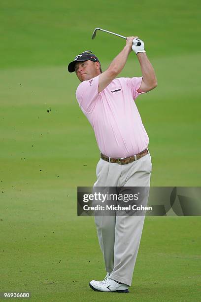 Cameron Beckman hits his second shot to the 18th green during the final round of the Mayakoba Golf Classic at El Camaleon Golf Club held on February...