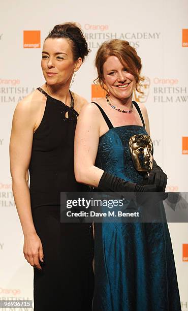 Emma Lazenby poses with the Best Short Animation Award for Mother of Many presented by Olivia Williams during the The Orange British Academy Film...