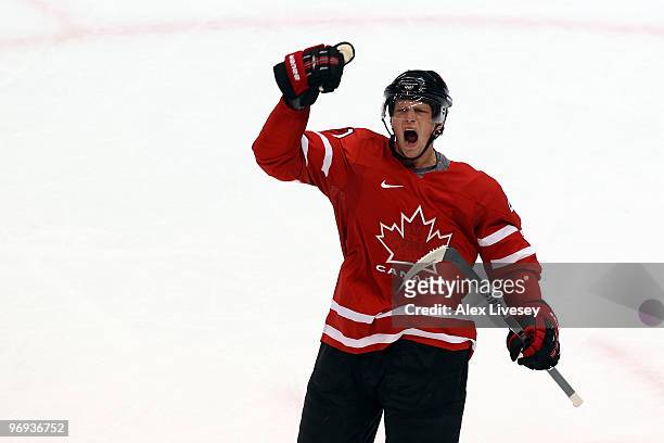 Eric Staal of Canada celebrates after he scored a first period goal during the ice hockey men's preliminary game between Canada and USA on day 10 of...