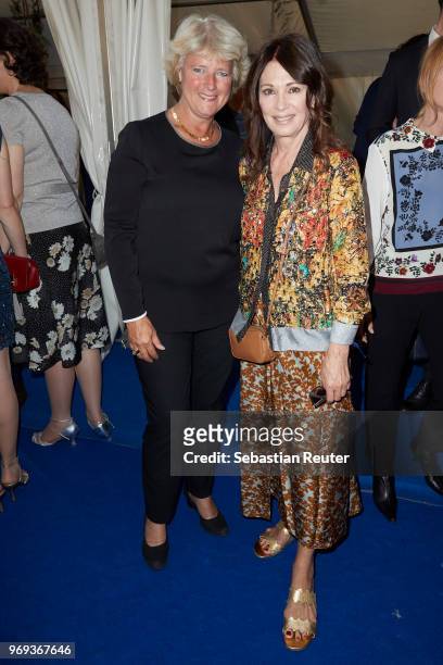 Politician Monika Gruetters and actress Iris Berben attend the summer party 2018 of the German Producers Alliance on June 7, 2018 in Berlin, Germany.