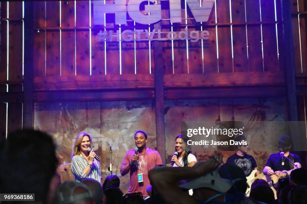 S Suzanne Alexander, DeRon Jenkins and Page Turner of Flip or Flop Nashville speak onstage in the HGTV Lodge at CMA Music Fest on June 7, 2018 in...