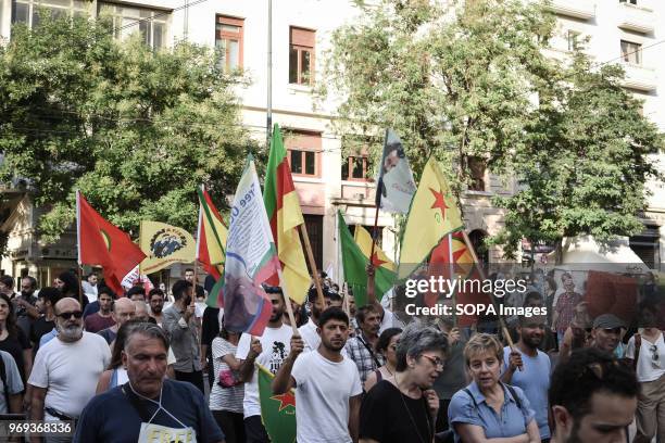 Kurds seen holding banner and Kurdistan flags during the demonstration. Hundreds of people took part in a demonstration to request freedom for the...