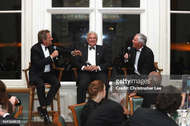 Mark Nicholas asks questions to Sir Trevor Brooking and Ray Clemence at the PCA Lord's Long Room Dinner at Lord's Cricket Ground on June 7, 2018 in...