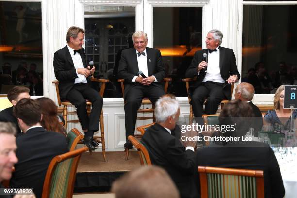 Mark Nicholas asks questions to Sir Trevor Brooking and Ray Clemence at the PCA Lord's Long Room Dinner at Lord's Cricket Ground on June 7, 2018 in...