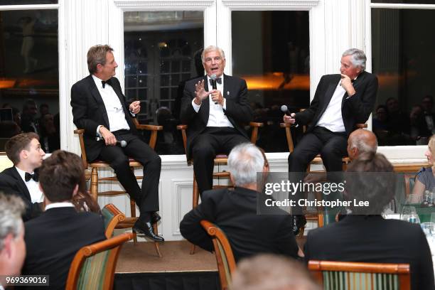 Mark Nicholas asks questions to Sir Trevor Brooking and Ray Clemence at the PCA Lord's Long Room Dinner at Lord's Cricket Ground on June 7, 2018 in...