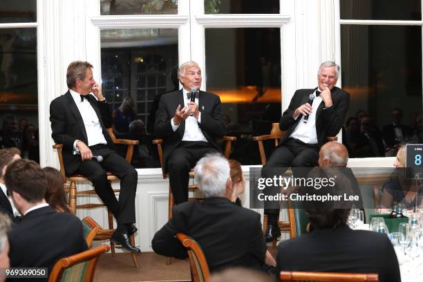 Mark Nicholas asks questions to Sir Trevor Brooking and Ray Clemence at the PCA Lord's Long Room Dinner at Lord's Cricket Ground on June 7, 2018 in...