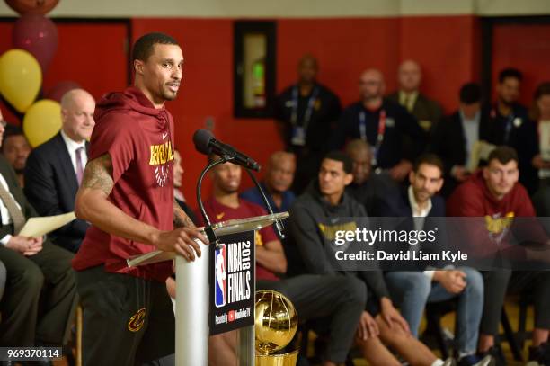 George Hill of the Cleveland Cavaliers speaks to the crowd during the 2018 NBA Finals Legacy Project - NBA Cares on June 07, 2018 at the Thurgood...