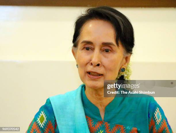 Myanmar State Counsellor Aung San Suu Kyi speaks during the Asahi Shimbun interview on June 7, 2018 in Nay Pyi Taw, Myanmar.