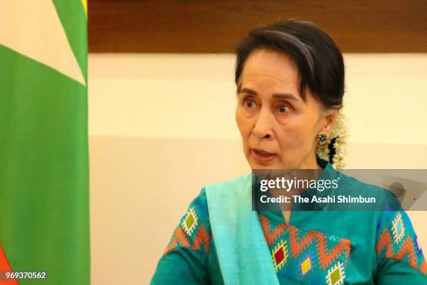 Myanmar State Counsellor Aung San Suu Kyi speaks during the Asahi Shimbun interview on June 7, 2018 in Nay Pyi Taw, Myanmar.