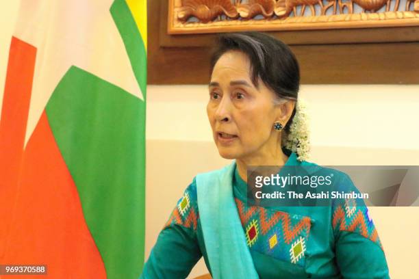 Myanmar State Counsellor Aung San Suu Kyi speaks during the Asahi Shimbun interview on June 7, 2018 in Nay Pyi Taw, Myanmar.