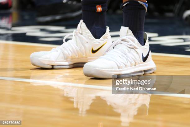 The sneakers of Monique Currie of the Washington Mystics are seen during the game against the Minnesota Lynx on June 7, 2018 at the Verizon Center in...