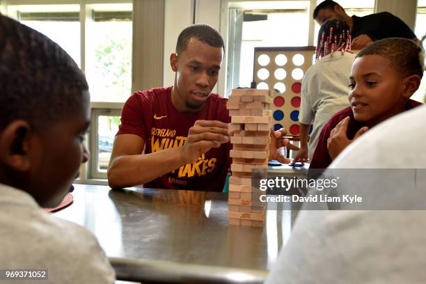 Rodney Hood of the Cleveland Cavaliers plays blocks with kids during the 2018 NBA Finals Legacy Project - NBA Cares on June 07, 2018 at the Thurgood...