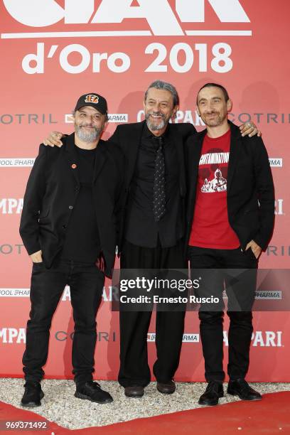 Marco Manetti, Aldo De Scalzi and Antonio Manetti arrive at the Ciak D'Oro Awards Ceremony at Link Campus University on June 7, 2018 in Rome, Italy.