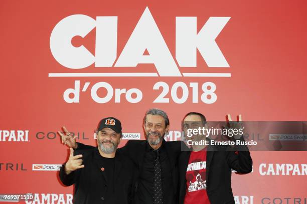 Marco Manetti, Aldo De Scalzi and Antonio Manetti arrive at the Ciak D'Oro Awards Ceremony at Link Campus University on June 7, 2018 in Rome, Italy.