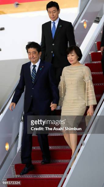 Japanese Prime Minister Shinzo Abe and his wife Akie are seen on arrival at the Joint Base Andrews on June 6, 2018 in Maryland. Abe is in the United...