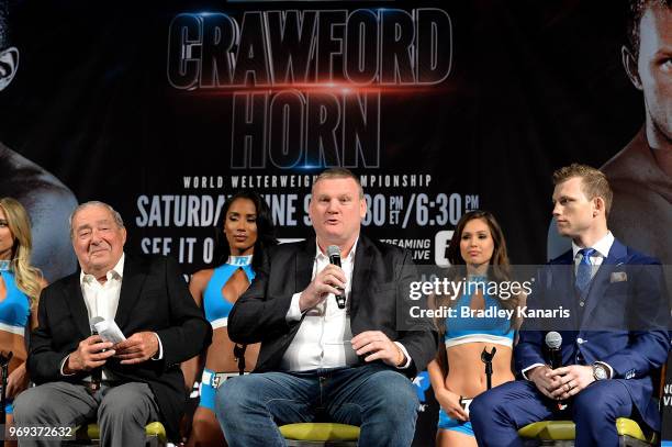 Top Rank Founder and CEO Bob Arum, promoter Dean Lonergan and WBO welterweight champion Jeff Horn attend a news conference at MGM Grand Hotel &...