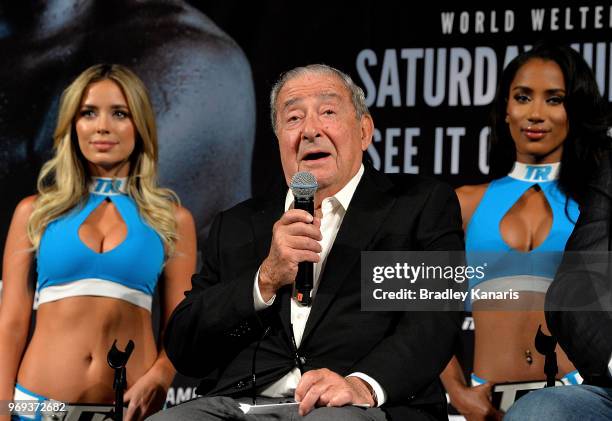 Top Rank Founder and CEO Bob Arum speaks during the official press conference on June 7, 2018 in Las Vegas, Nevada, USA. Jeff Horn and Terence...