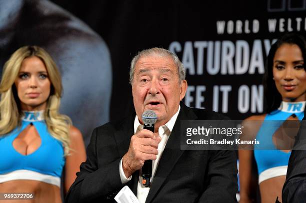 Top Rank Founder and CEO Bob Arum speaks during the official press conference on June 7, 2018 in Las Vegas, Nevada. Jeff Horn and Terence Crawford...
