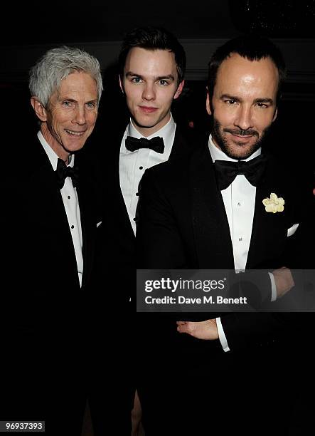 Richard Buckley, Nicholas Hoult and Tom Ford attend the BAFTA Soho House Grey Goose after party at the Grosvenor House Hotel on February 21, 2010 in...