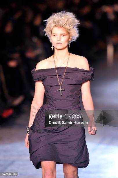 Pixie Geldof walks down the catwalk during the Vivienne Westwood Red Label fashion show during London Fashion Week on February 21, 2010 in London,...