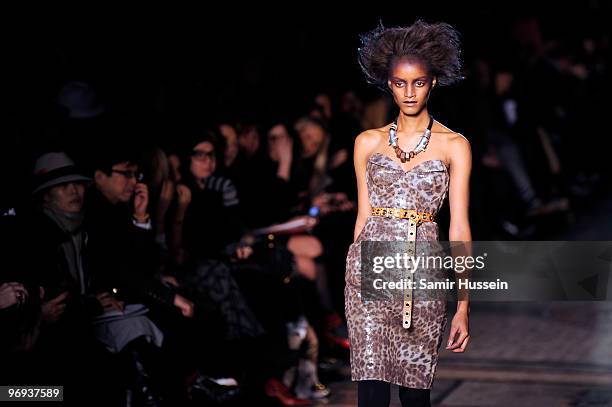 Model walks the catwalk during the Vivienne Westwood Red Label fashion show during London Fashion Week on February 21, 2010 in London, England.