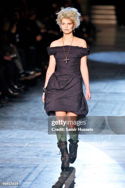 Pixie Geldof walks down the catwalk during the Vivienne Westwood Red Label fashion show during London Fashion Week on February 21, 2010 in London,...