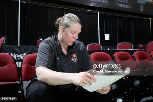 Katie Smith of the New York Liberty looks on before the game against the Connecticut Sun on June 7, 2018 at Westchester County Center in White...
