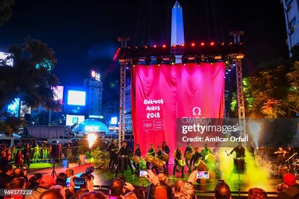 Argentine malambo group Malevo performs during the release of the official OMEGA countdown clock 120 days ahead of Youth Olympic Games Buenos Aires...