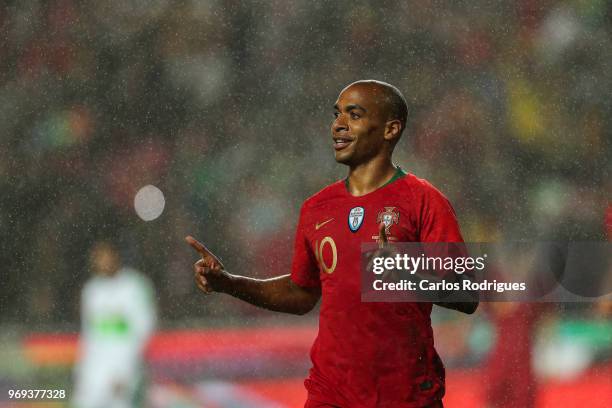 Portugal and West Ham United midfielder Joao Mario celebrates scoring Portugal goal that referee invalids during Portugal vs Algeria - International...